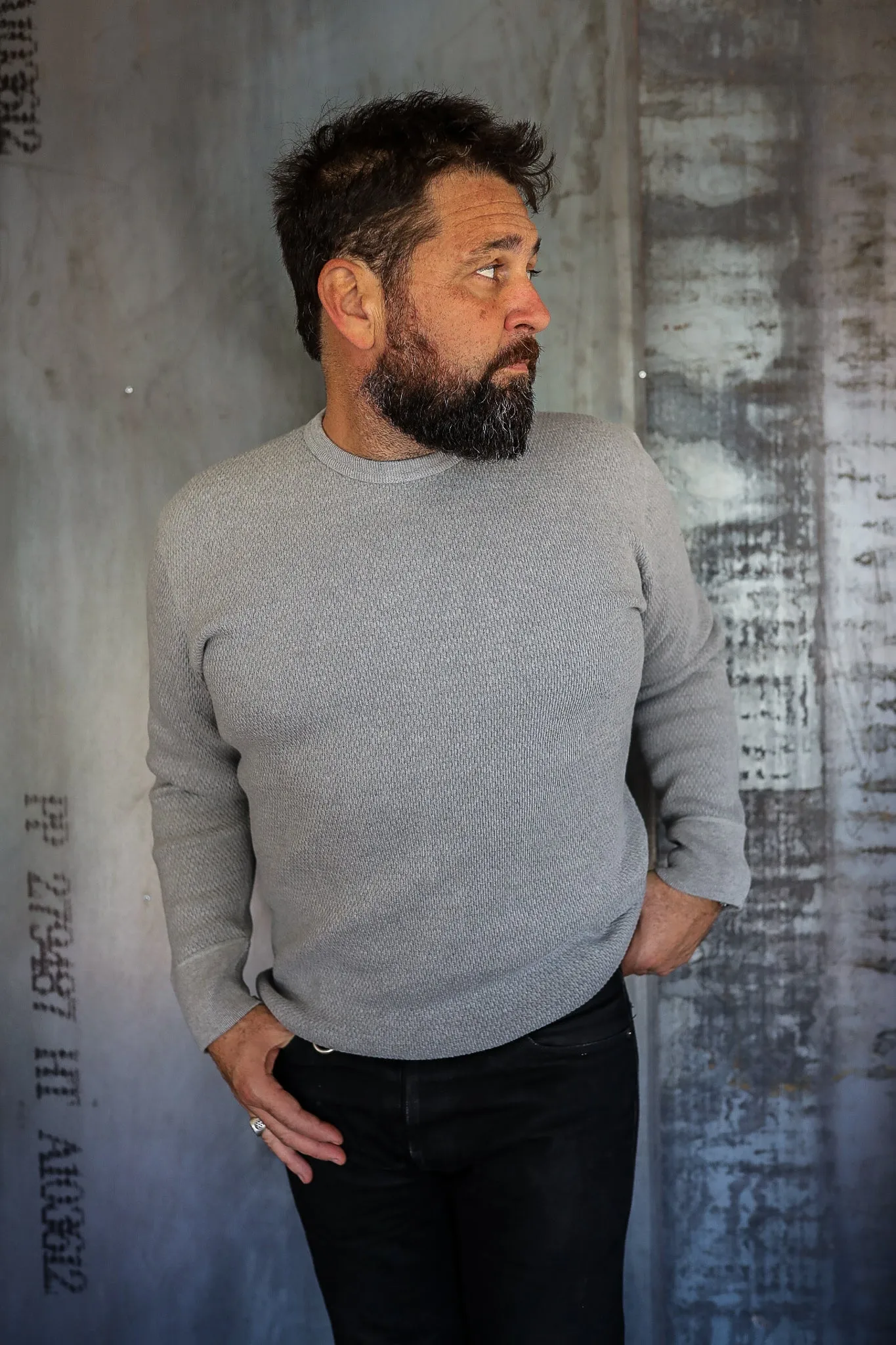 1700 Cotton Knit Crew Neck Long Sleeved Thermal Sweater - Grey