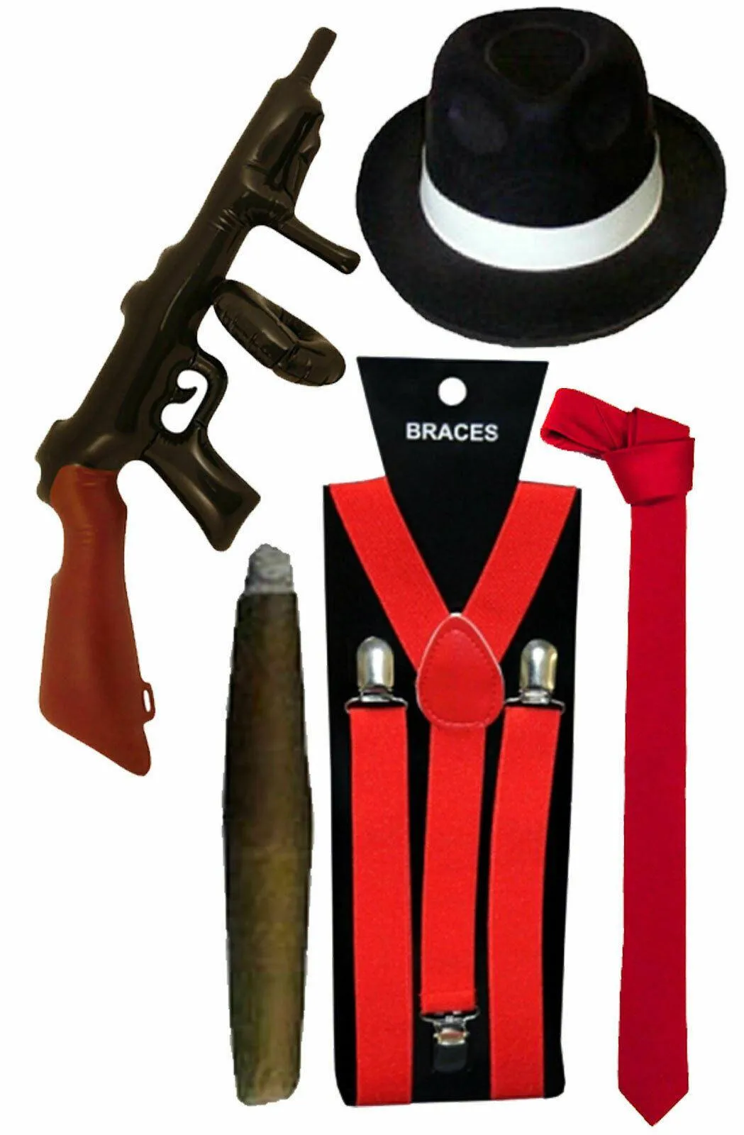 1920s GANGSTER FANCY DRESS AL CAPONE ROARING PIMP CIGAR MENS HAT TIE BRACES  RED