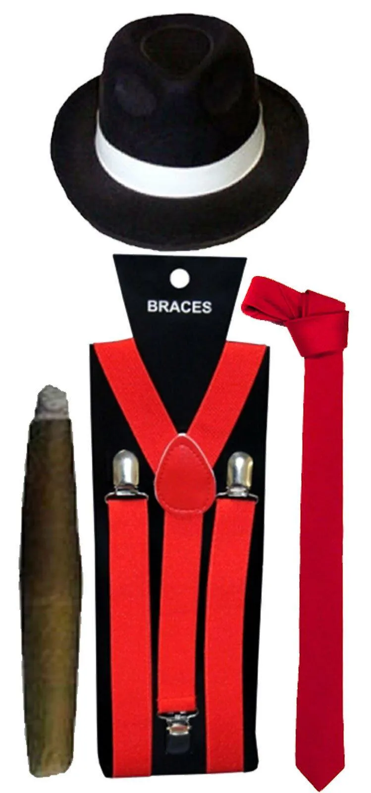 1920s GANGSTER FANCY DRESS AL CAPONE ROARING PIMP CIGAR MENS HAT TIE BRACES  RED