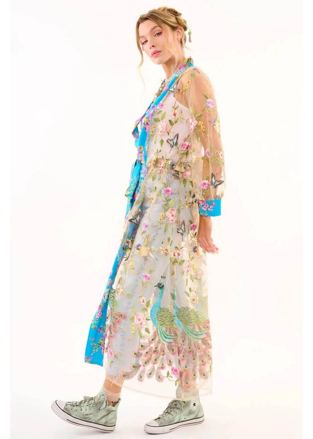 Aratta Garden of Eden Birds Butterfly Mesh Duster Peacock