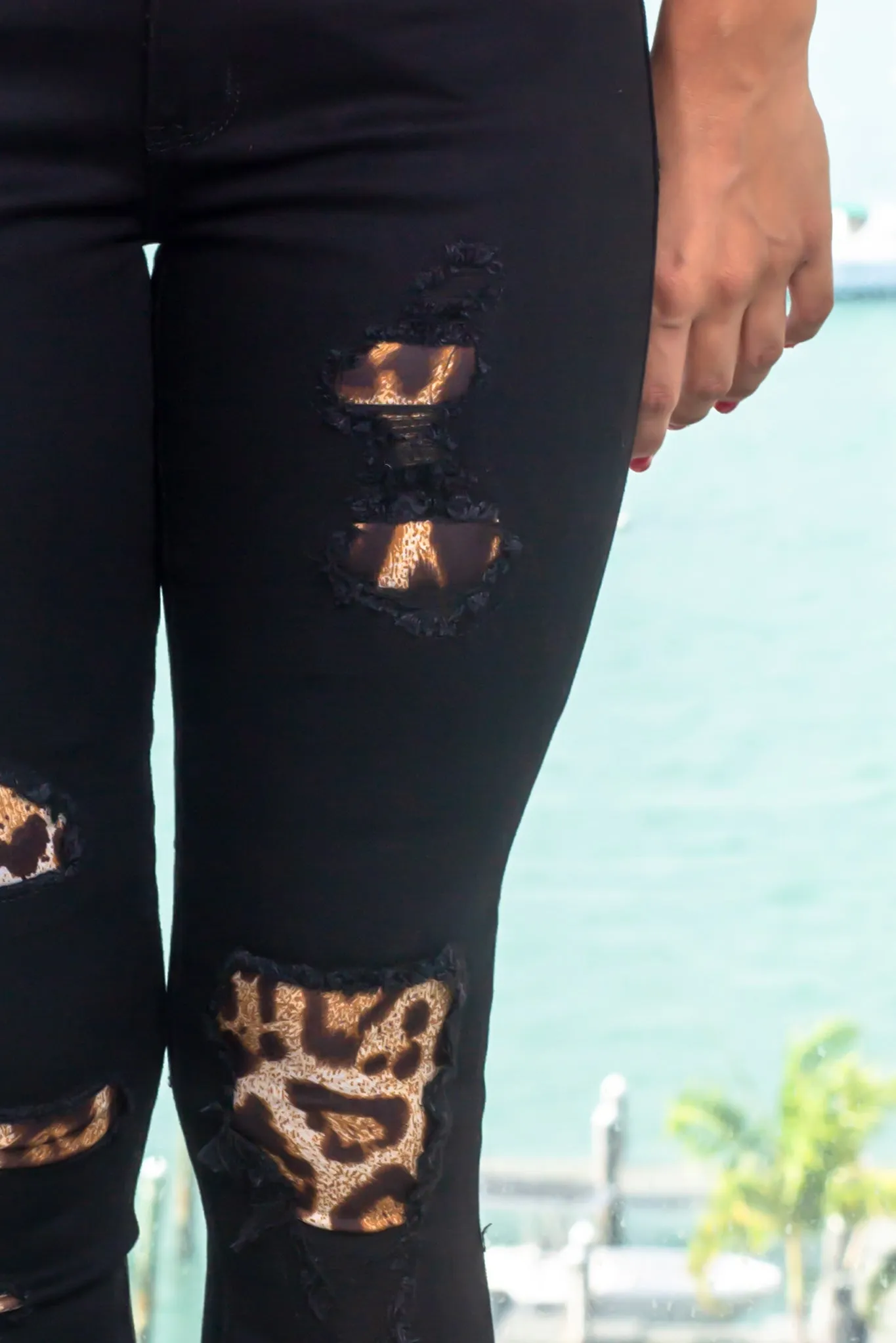 Black Jeans with Leopard Print Detail
