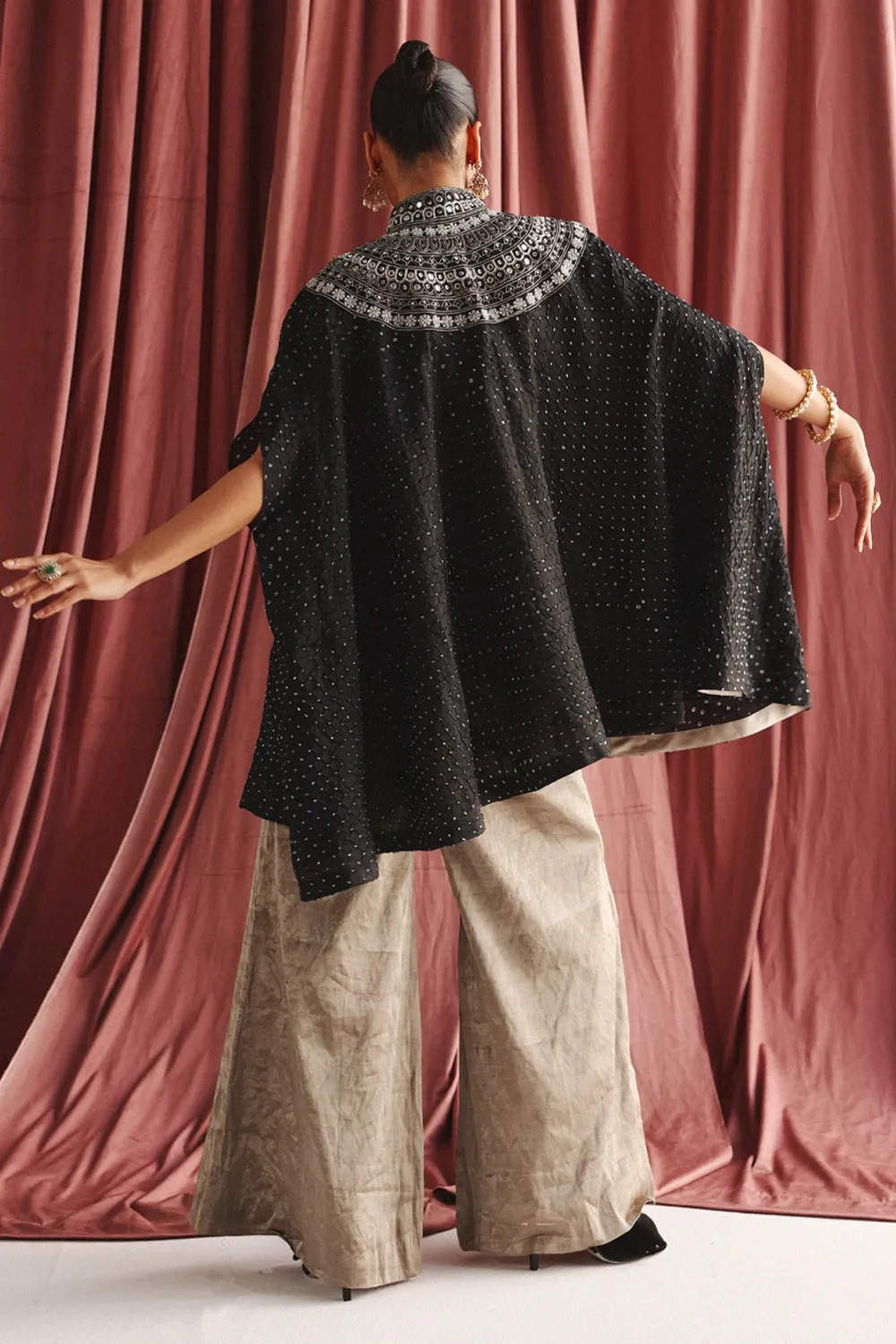Black Marodiwork A-Line Cape & Charcoal Palazzo Pants