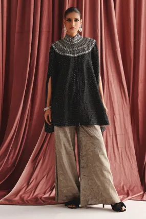 Black Marodiwork A-Line Cape & Charcoal Palazzo Pants