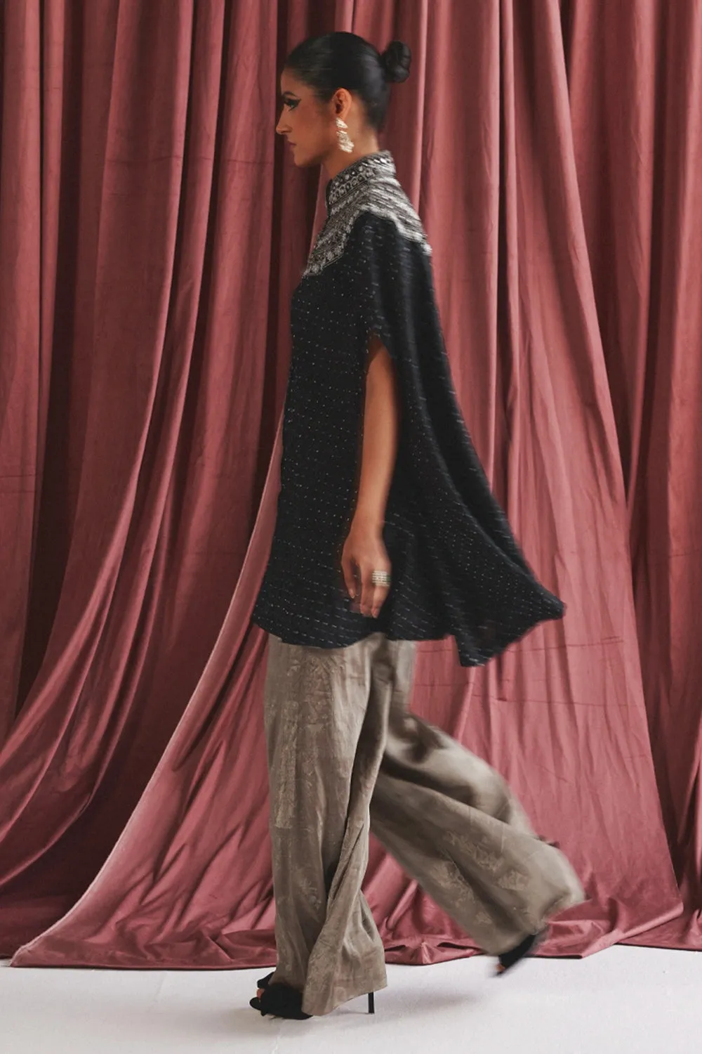 Black Marodiwork A-Line Cape & Charcoal Palazzo Pants