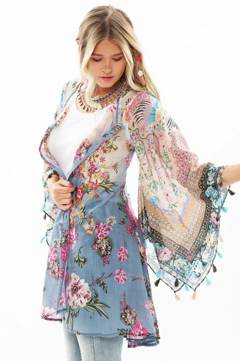 BOTANICAL GARDENS TUNIC DRESS WITH BELL SLEEVES AND TASSEL TRIM