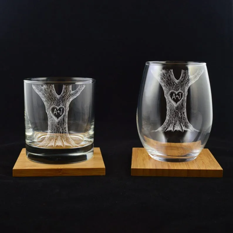 Couple Gift Carved Initials In A Heart Tree Engagement Gift Couples Engaged Couples Initials Glass Set Wedding Wine Gift Set