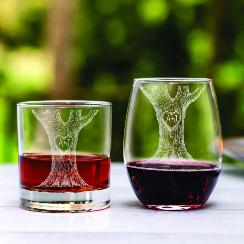 Couple Gift Carved Initials In A Heart Tree Engagement Gift Couples Engaged Couples Initials Glass Set Wedding Wine Gift Set