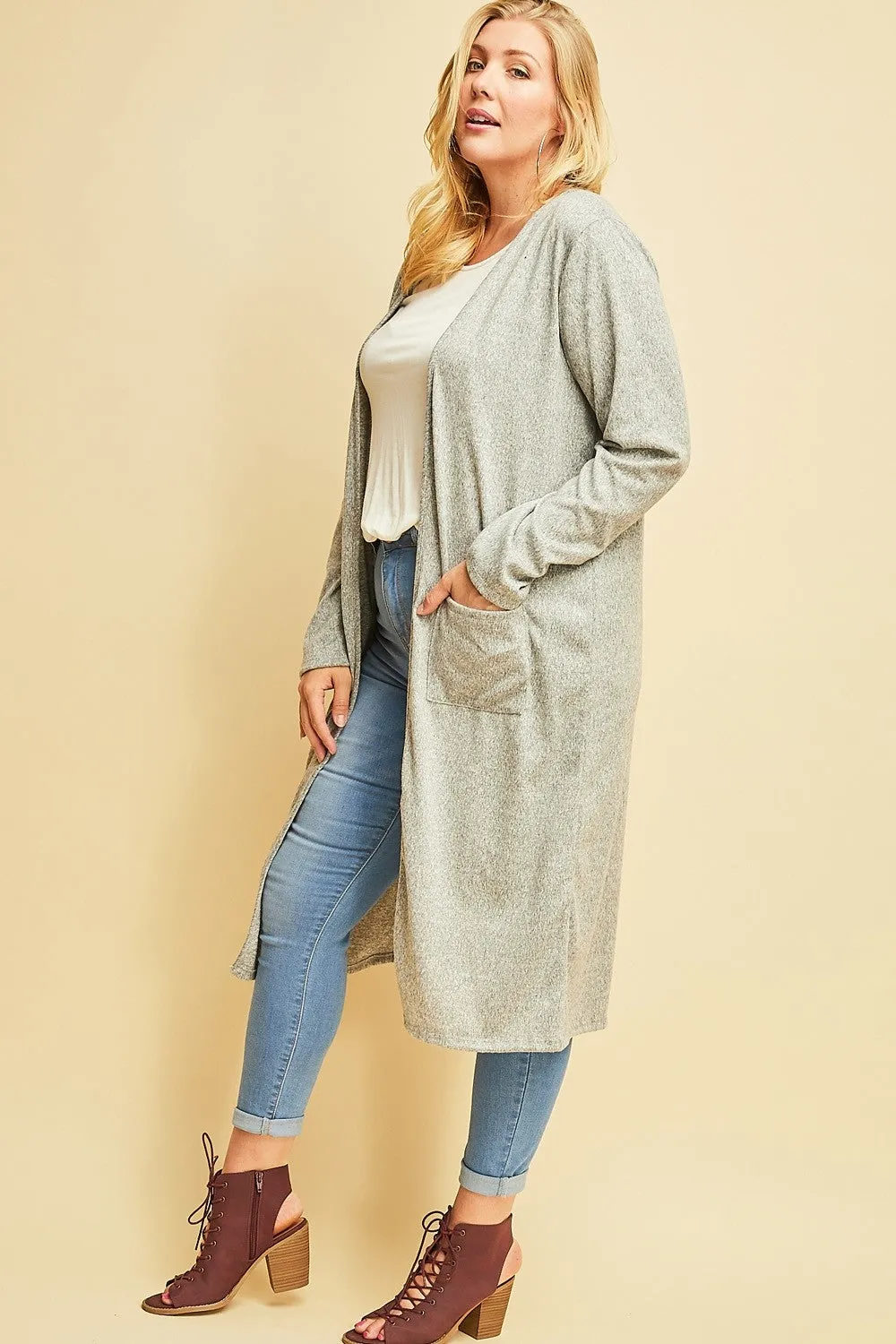*Curvy* Celeste Heathered Long Cardigan with Pockets in Grey