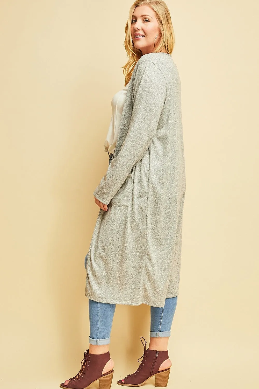 *Curvy* Celeste Heathered Long Cardigan with Pockets in Grey