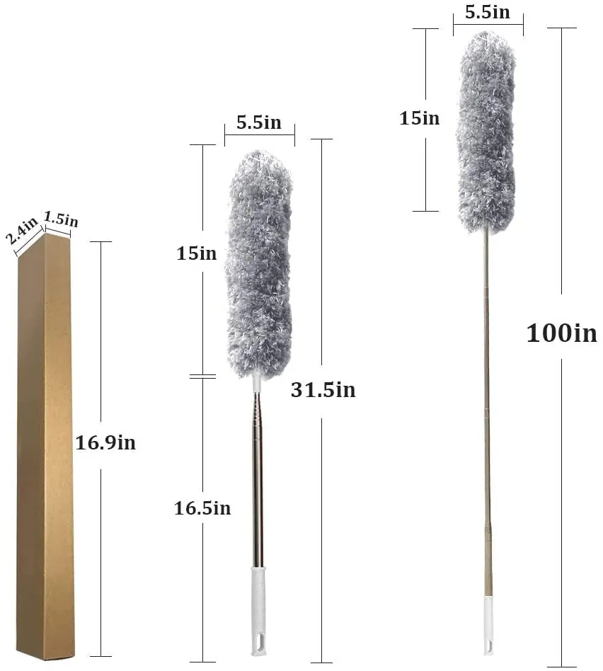 DELUX Microfiber Feather Duster Extendable Duster with 100 Inches Extra Long Pole, Bendable Head & Long Handle Dusters for Cleaning Ceiling Fan, High Ceiling, Blinds, Furniture & Cars Gray