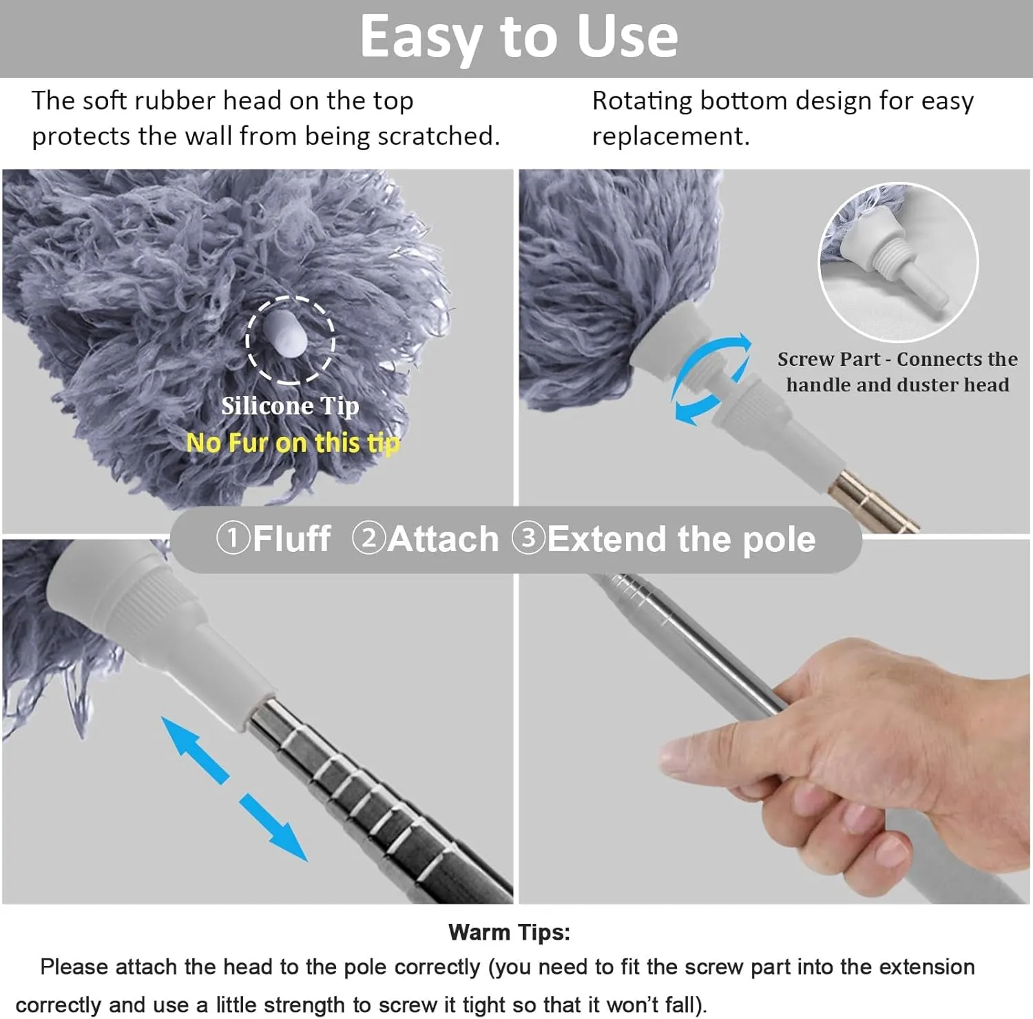 DELUX Microfiber Feather Duster Extendable Duster with 100 Inches Extra Long Pole, Bendable Head & Long Handle Dusters for Cleaning Ceiling Fan, High Ceiling, Blinds, Furniture & Cars Gray