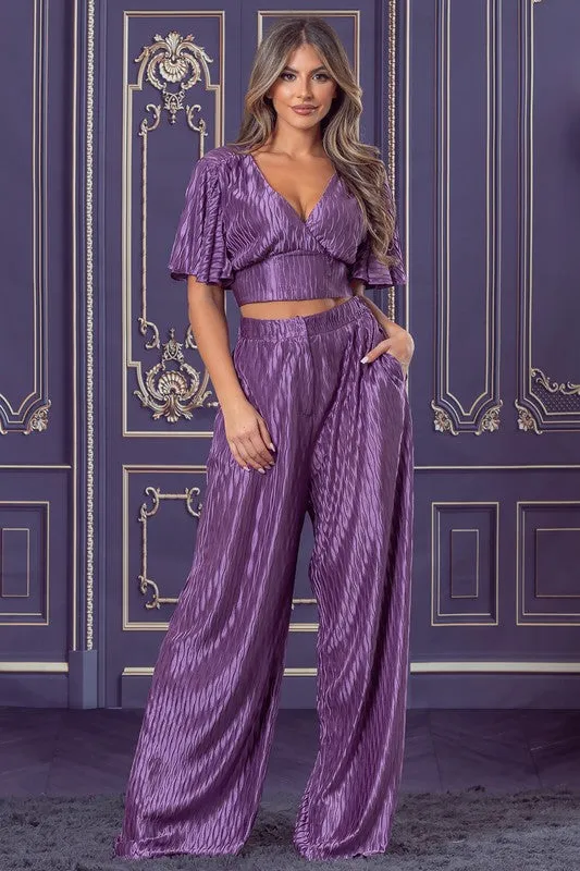 Eggplant Pleated Knit Satin Top and Pants Set