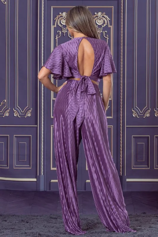 Eggplant Pleated Knit Satin Top and Pants Set