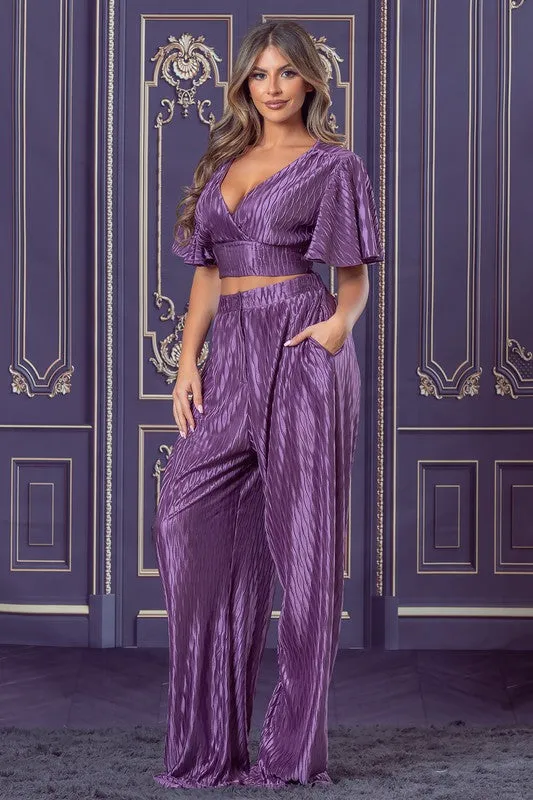 Eggplant Pleated Knit Satin Top and Pants Set