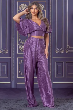 Eggplant Pleated Knit Satin Top and Pants Set