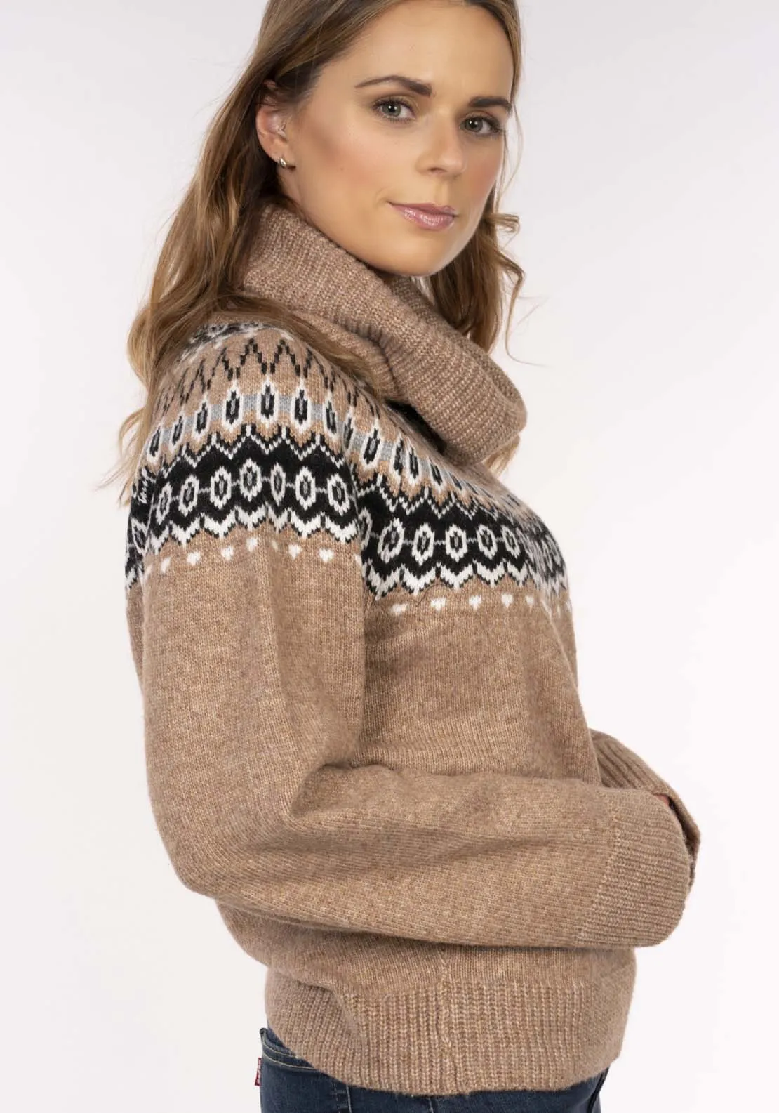 Fairisle Roll Neck Sweater - Beige