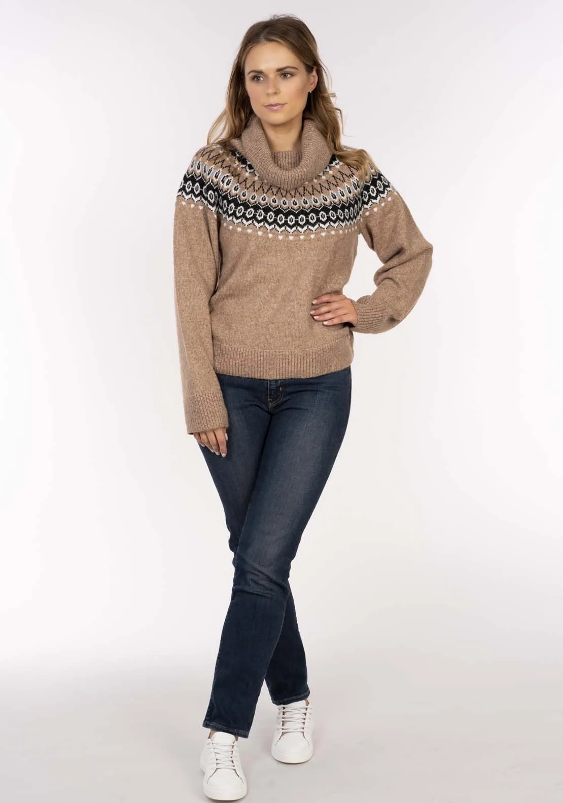 Fairisle Roll Neck Sweater - Beige
