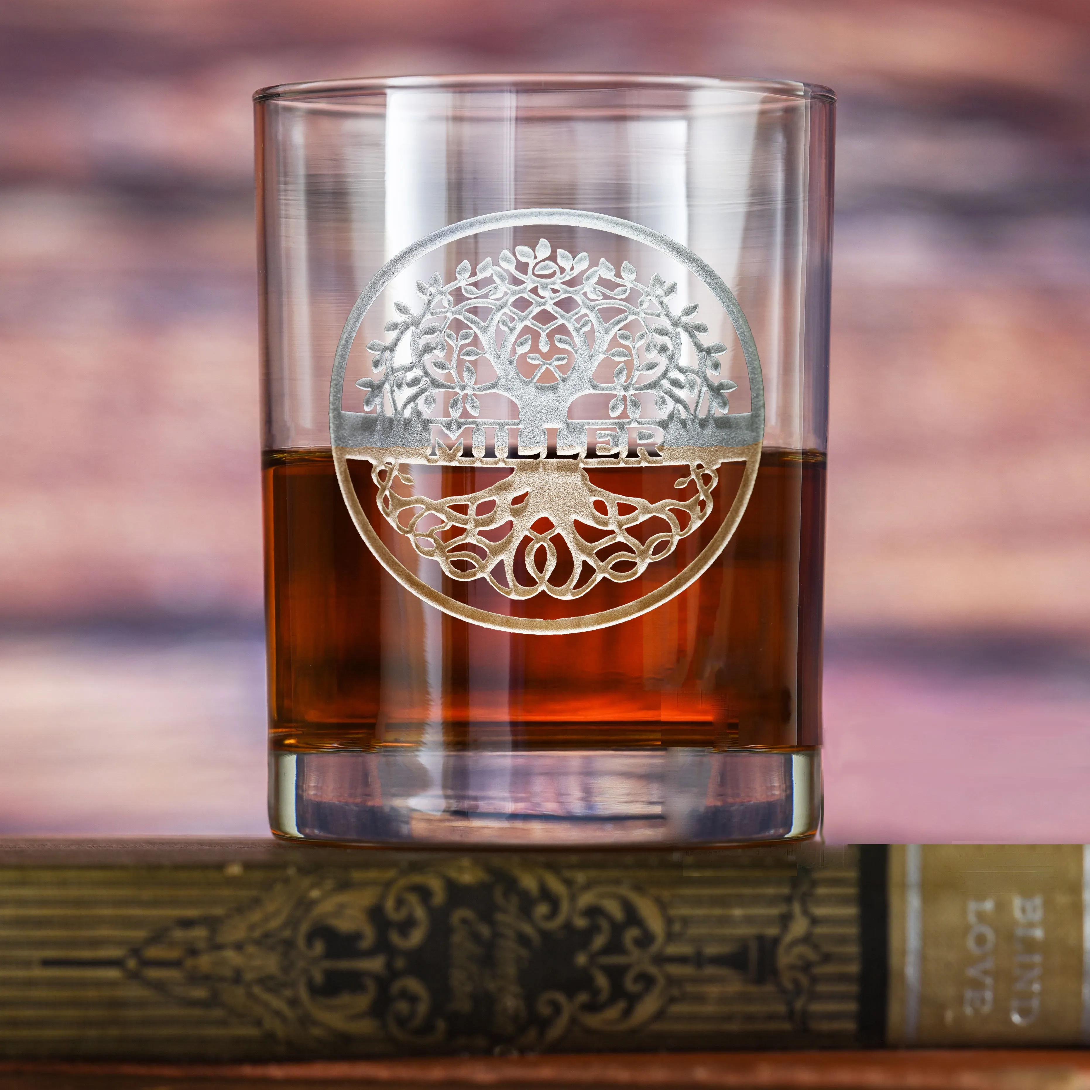 Family Tree Engraved Whiskey Rocks Glass Gift