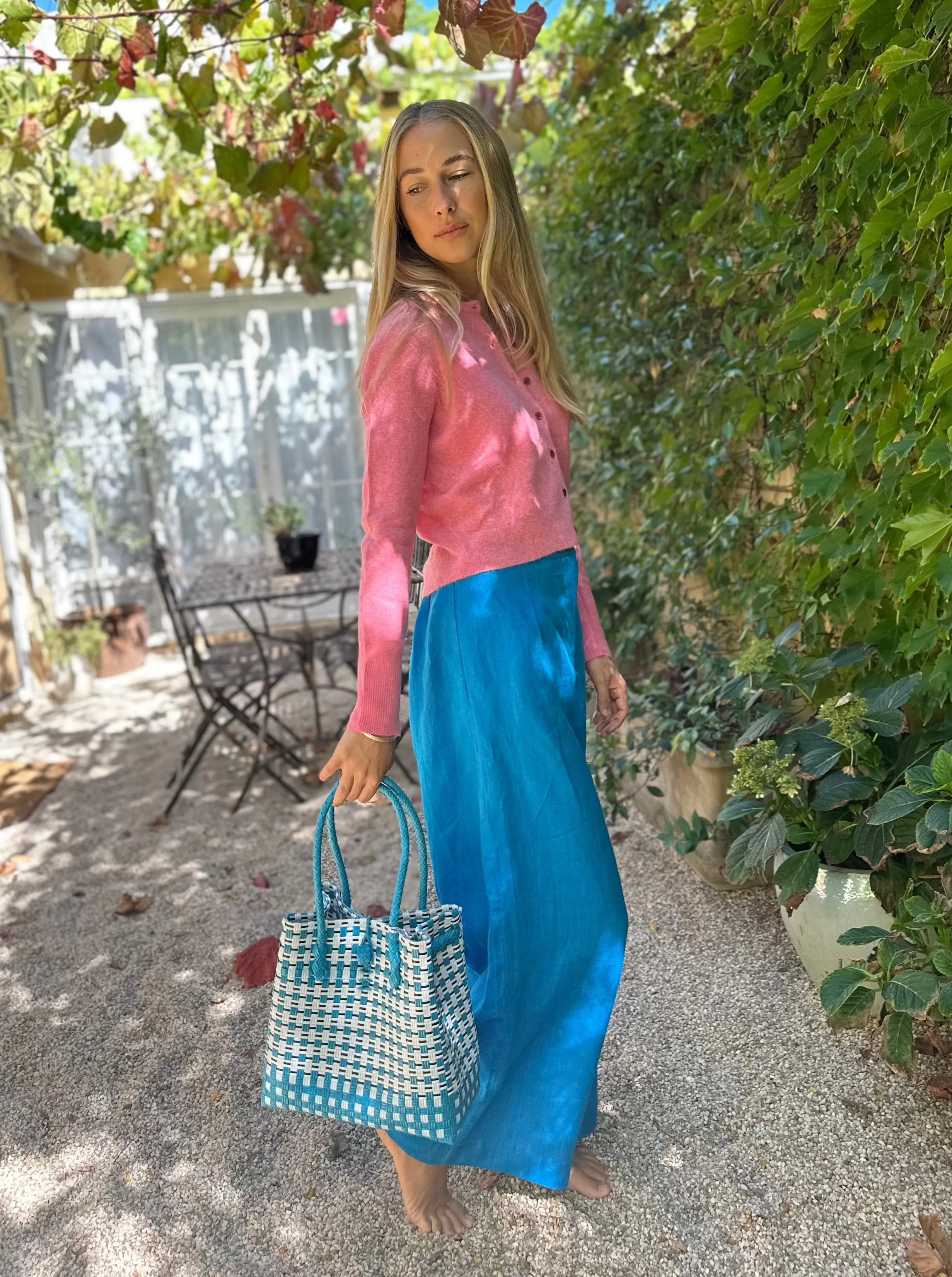 Feather Linen Palazzo Pants in Sky Blue