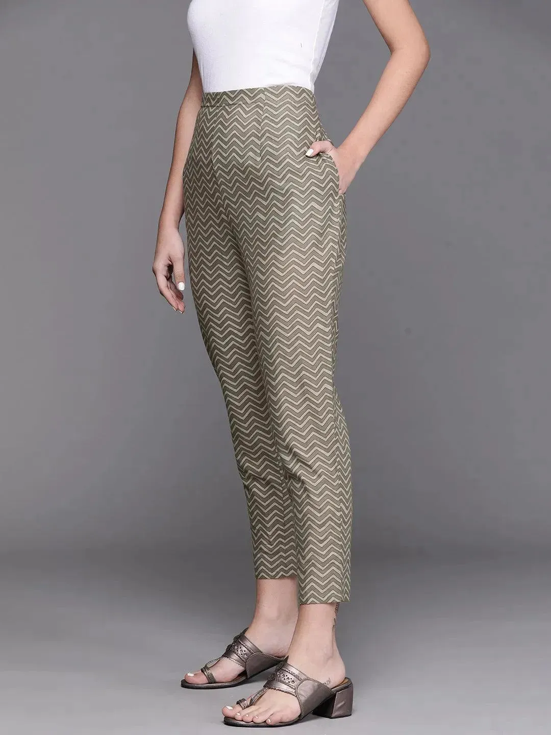 Grey Printed Cotton Trousers