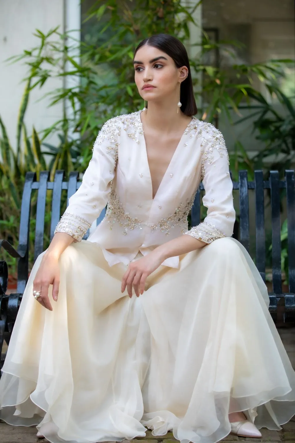 Ivory Tunic With Palazzo Pant Set