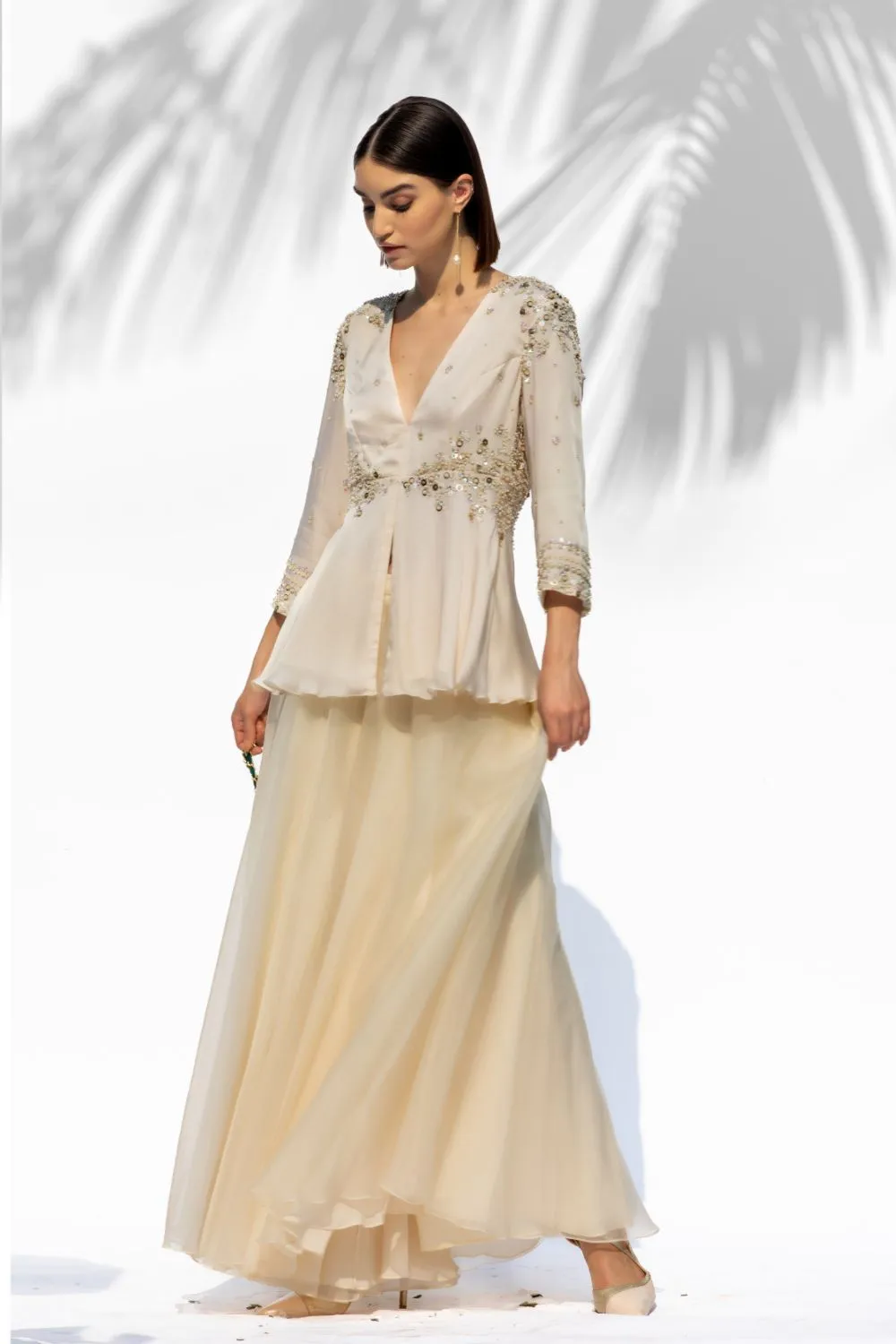 Ivory Tunic With Palazzo Pant Set
