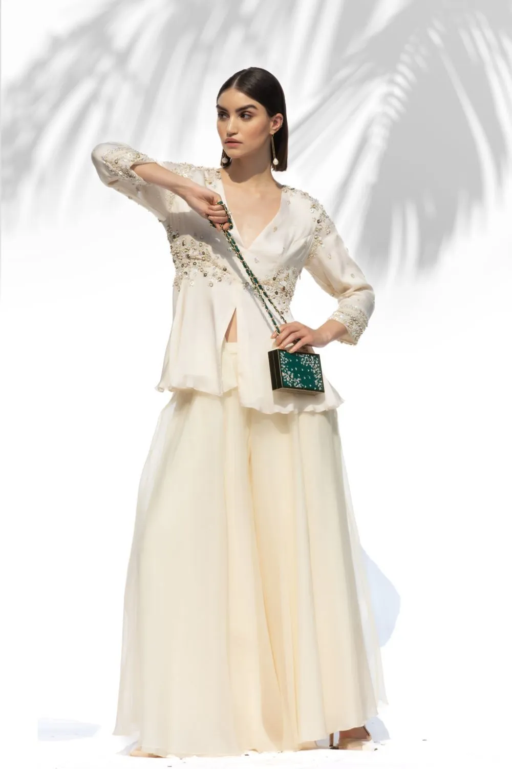 Ivory Tunic With Palazzo Pant Set