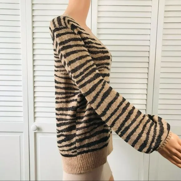 JOIE Black Brown Tiger Stripe V-Neck Long-Sleeve Alpaca Metallic Sweater Size M