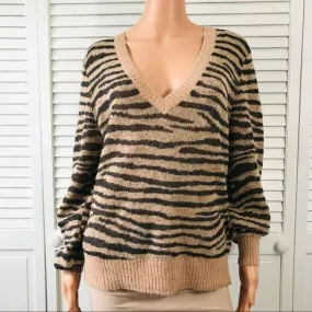 JOIE Black Brown Tiger Stripe V-Neck Long-Sleeve Alpaca Metallic Sweater Size M
