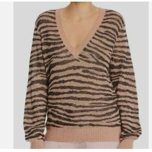 JOIE Black Brown Tiger Stripe V-Neck Long-Sleeve Alpaca Metallic Sweater Size M