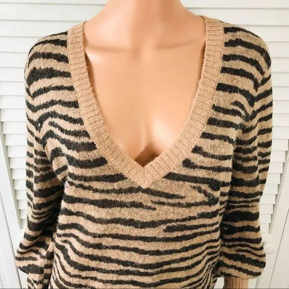 JOIE Black Brown Tiger Stripe V-Neck Long-Sleeve Alpaca Metallic Sweater Size M