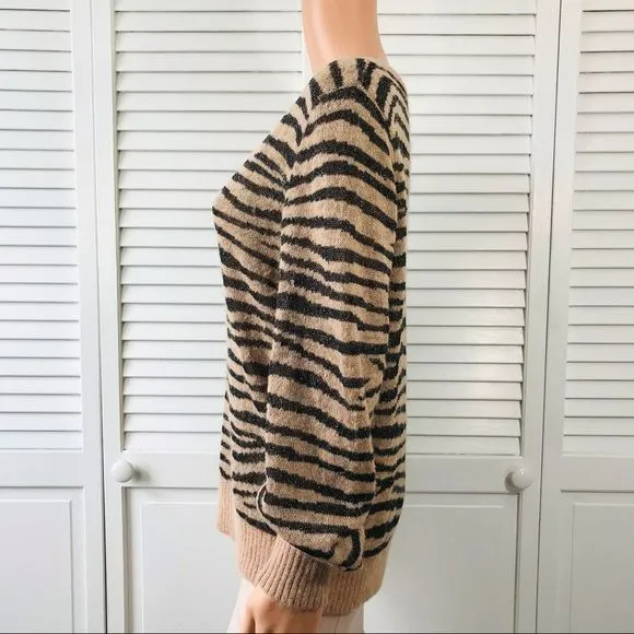 JOIE Black Brown Tiger Stripe V-Neck Long-Sleeve Alpaca Metallic Sweater Size M