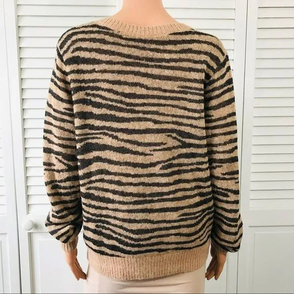 JOIE Black Brown Tiger Stripe V-Neck Long-Sleeve Alpaca Metallic Sweater Size M