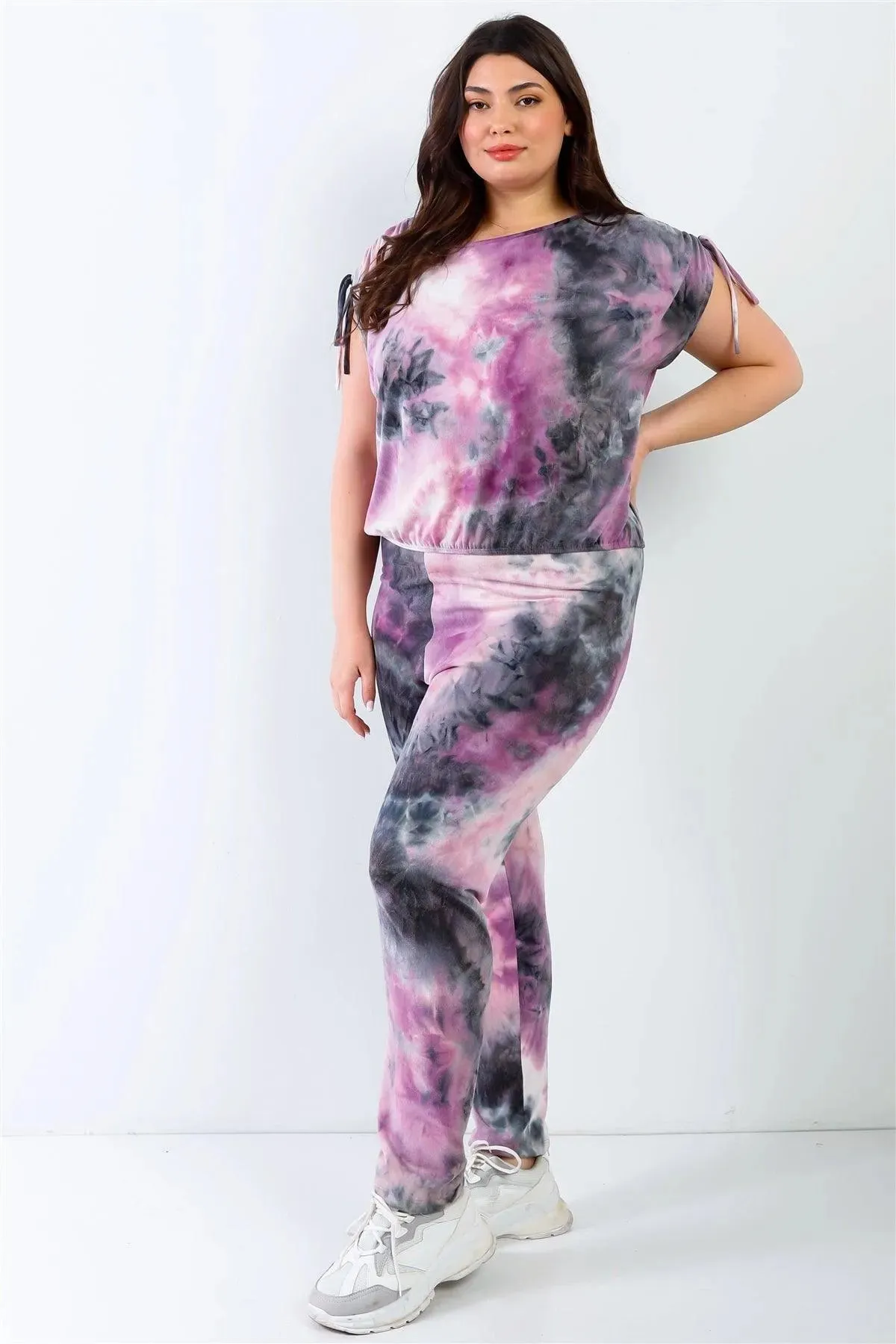 Junior Plus Purple & Black Tie-Dye Ruched Shoulder Detail Top & Pants Set /1-1-1