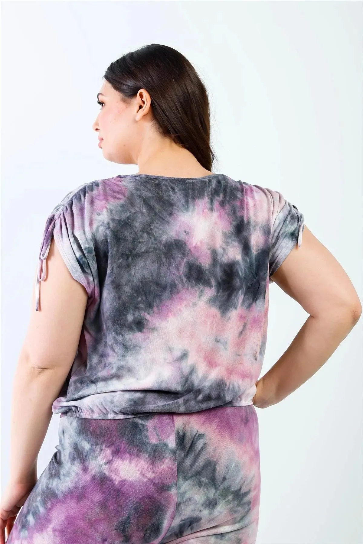 Junior Plus Purple & Black Tie-Dye Ruched Shoulder Detail Top & Pants Set /1-1-1