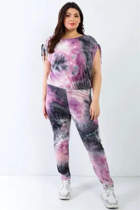 Junior Plus Purple & Black Tie-Dye Ruched Shoulder Detail Top & Pants Set /1-1-1