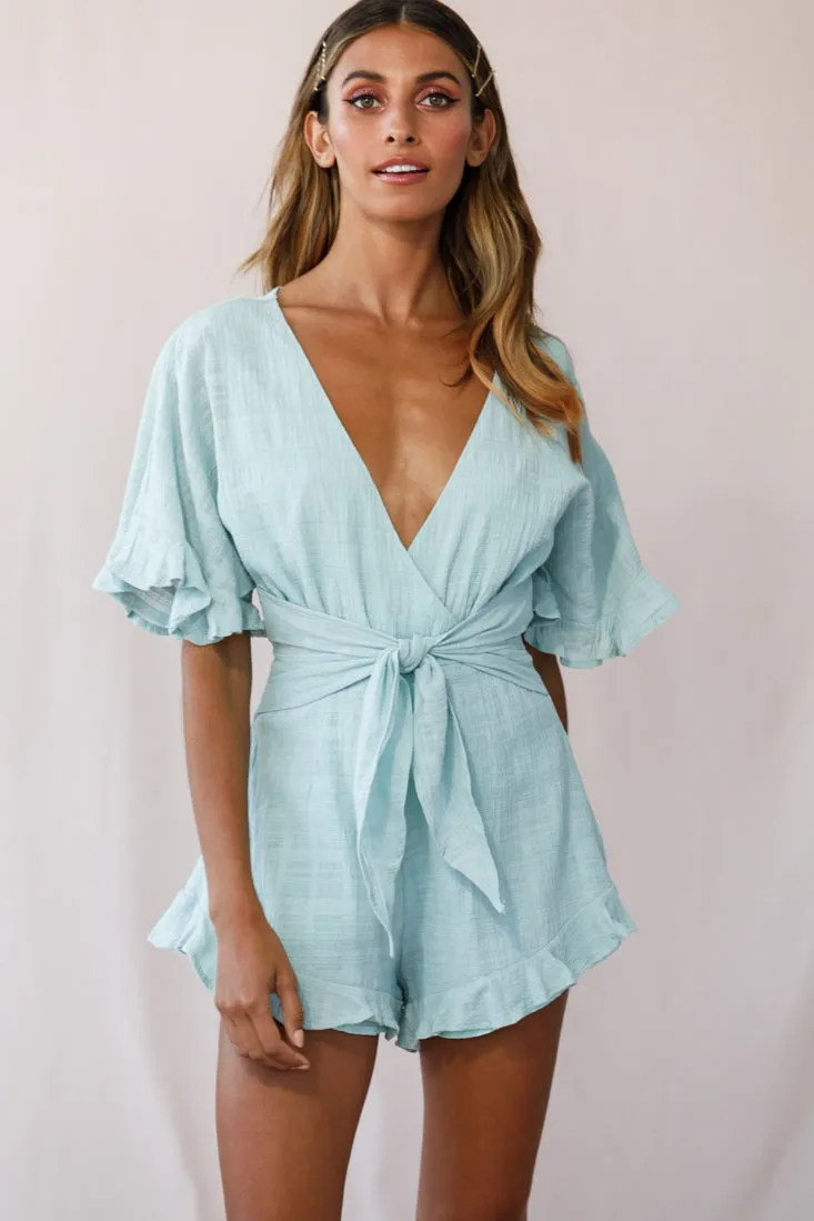 Karin Frill Trim Waist Tie Romper Sage