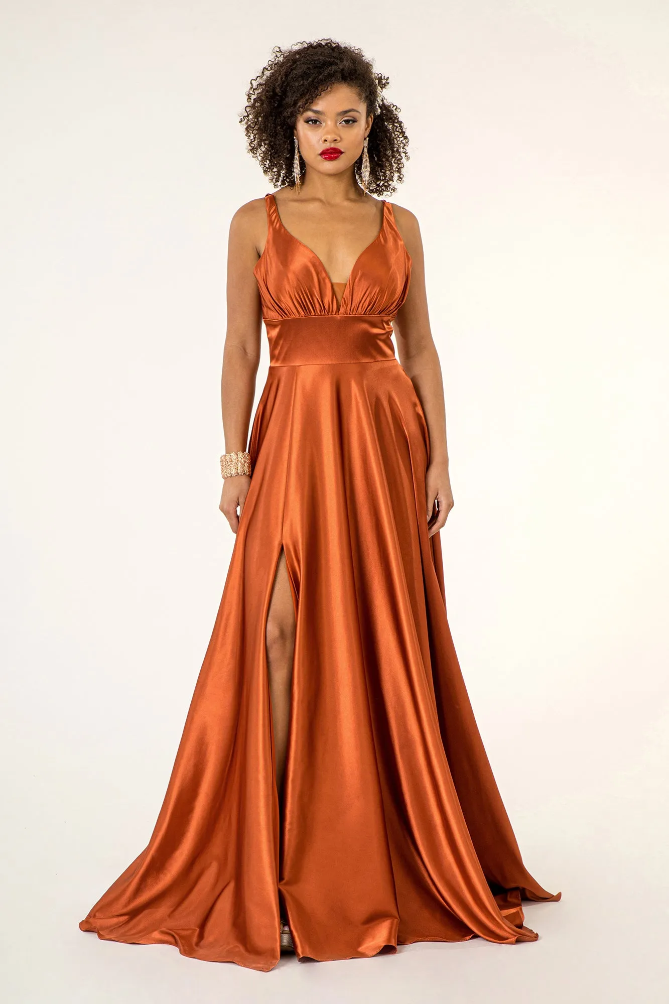 Long Satin V-Neck Dress by Elizabeth K GL2963