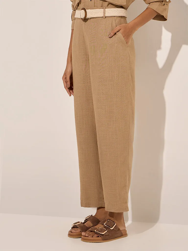 LOV Taupe Linen-Blend High-Rise Pants