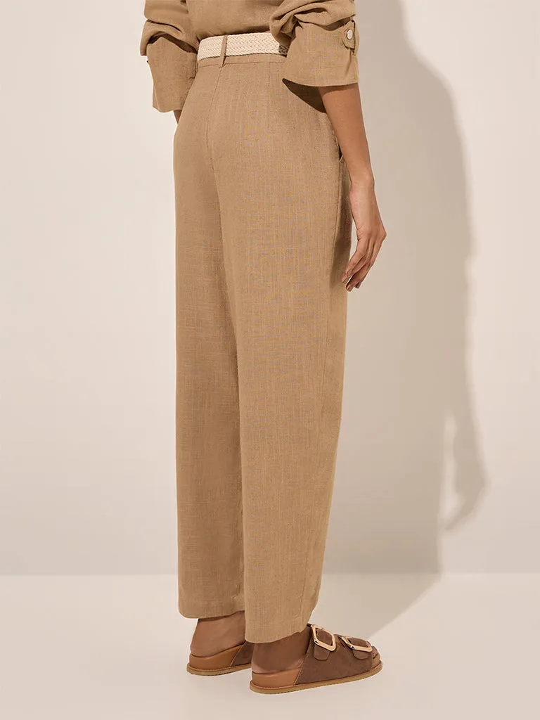 LOV Taupe Linen-Blend High-Rise Pants