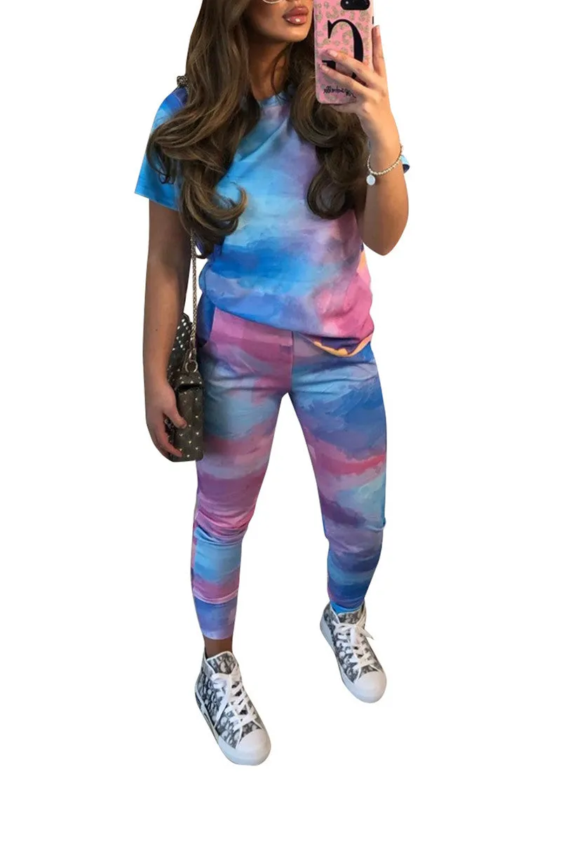 MB FASHION Abstract Print T-Shirt and High-Waisted Pants Set 9062