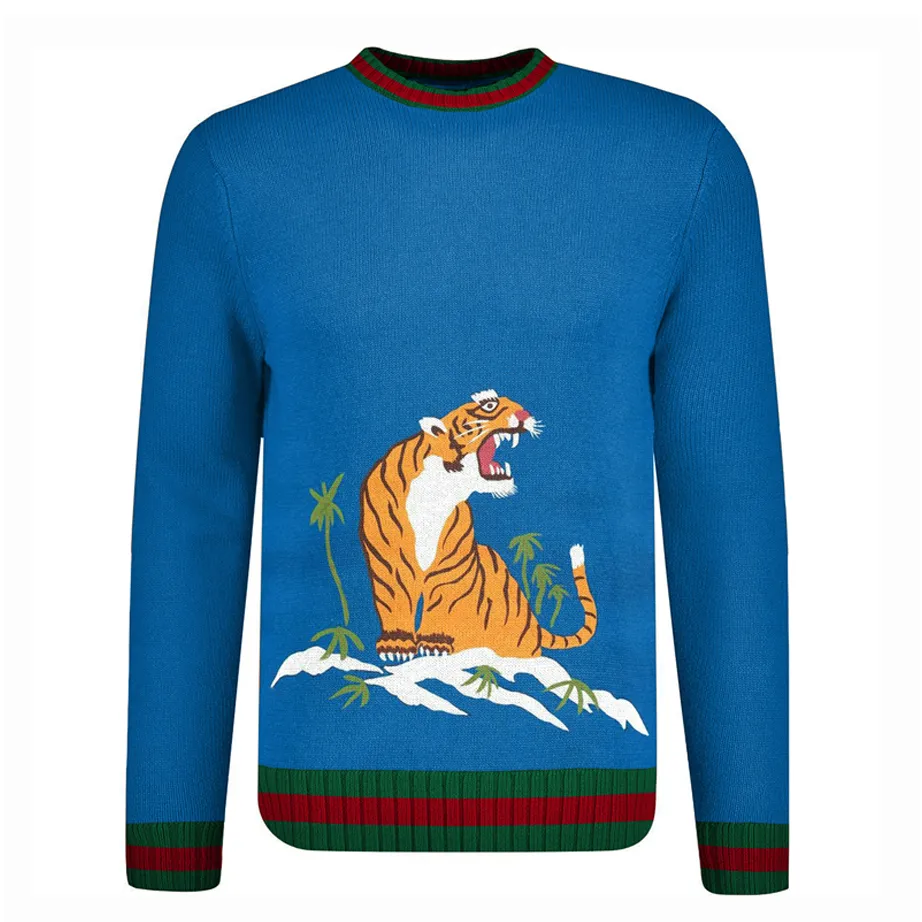 Men's blue vintage tiger jacquard knit sweater