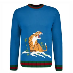 Men's blue vintage tiger jacquard knit sweater
