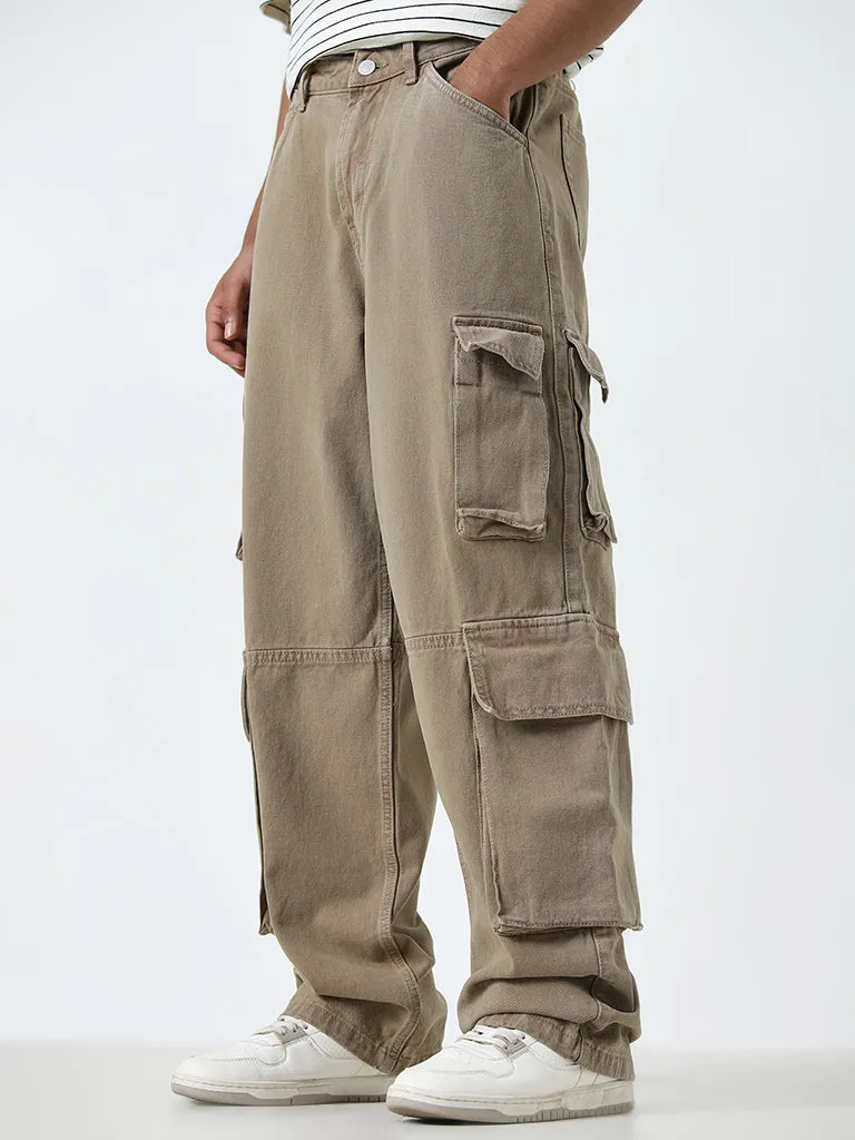 Nuon Taupe Relaxed - Fit Mid - Rise Cargo Jeans