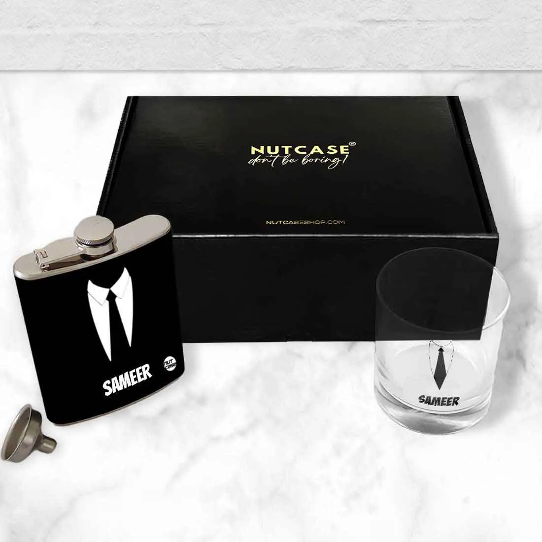 Personalized Whiskey Glass Hip Flask Gift Set Box - Suit Up