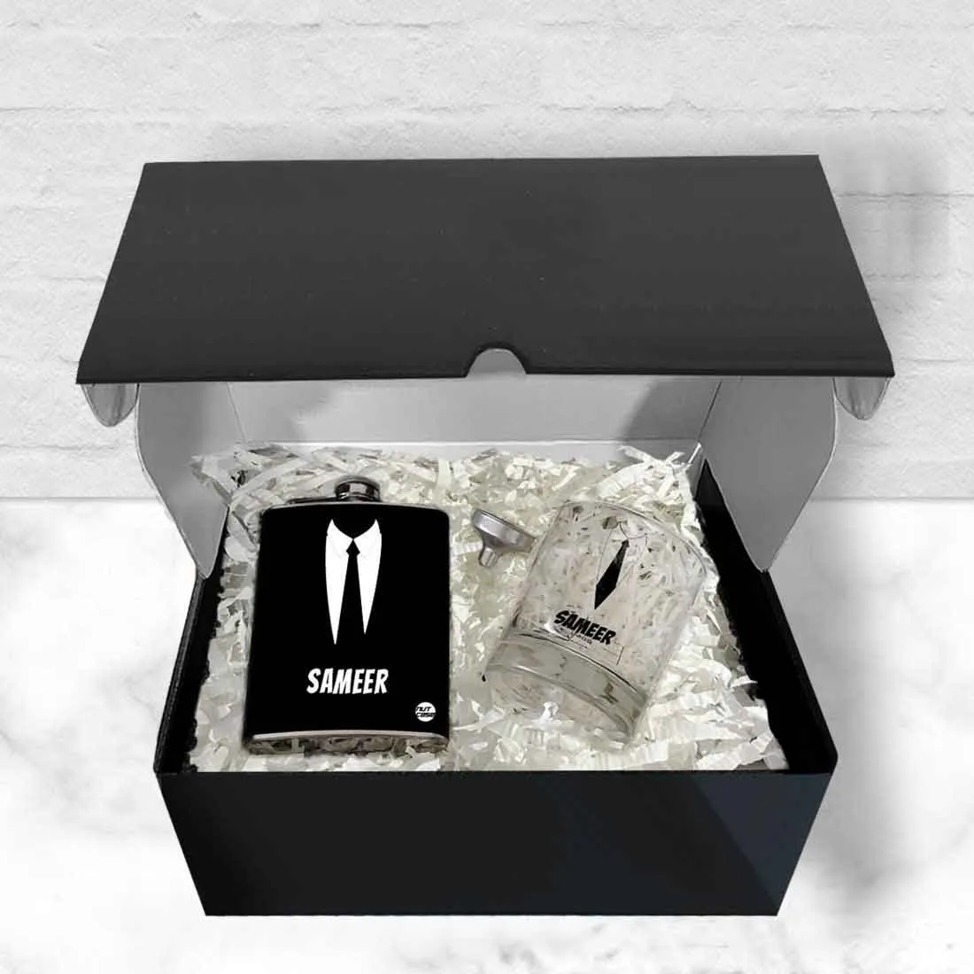 Personalized Whiskey Glass Hip Flask Gift Set Box - Suit Up