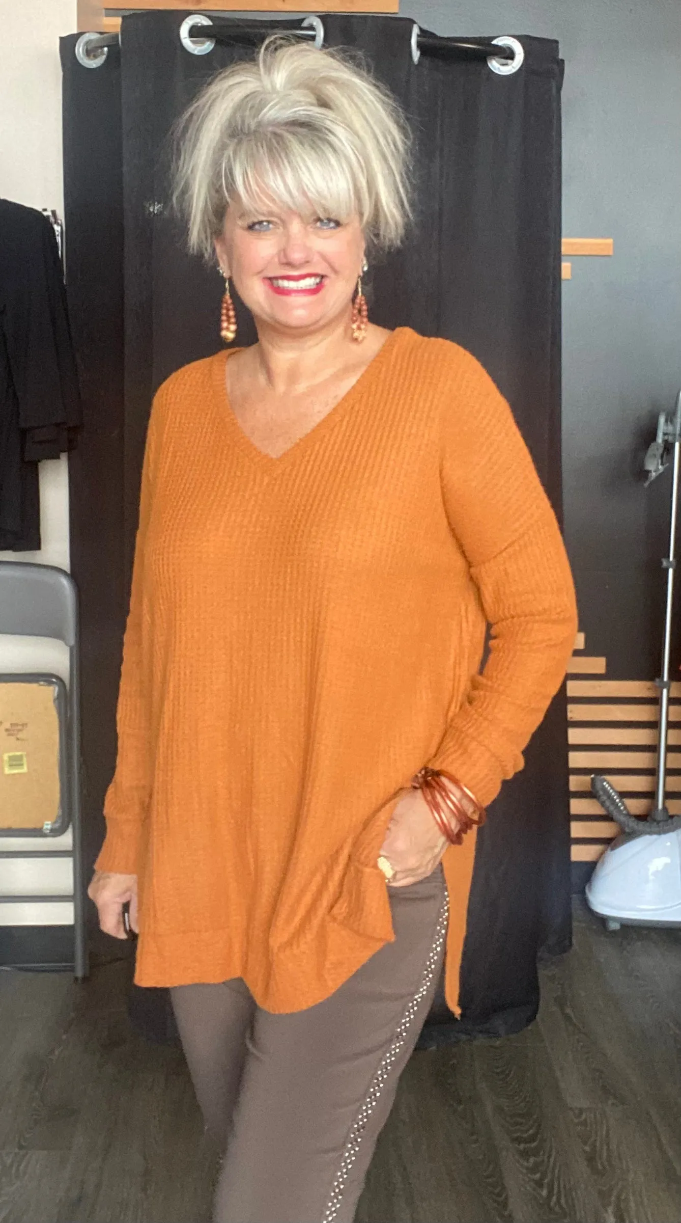 Plus Brushed Thermal Waffle Neck Sweater Top Tunic Almond