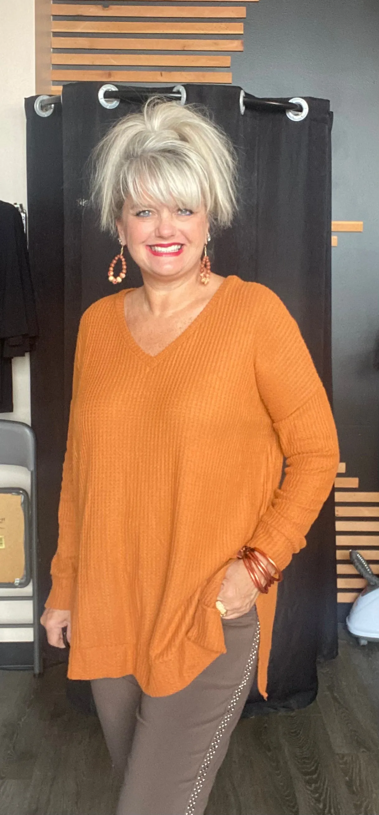 Plus Brushed Thermal Waffle Neck Sweater Top Tunic Almond