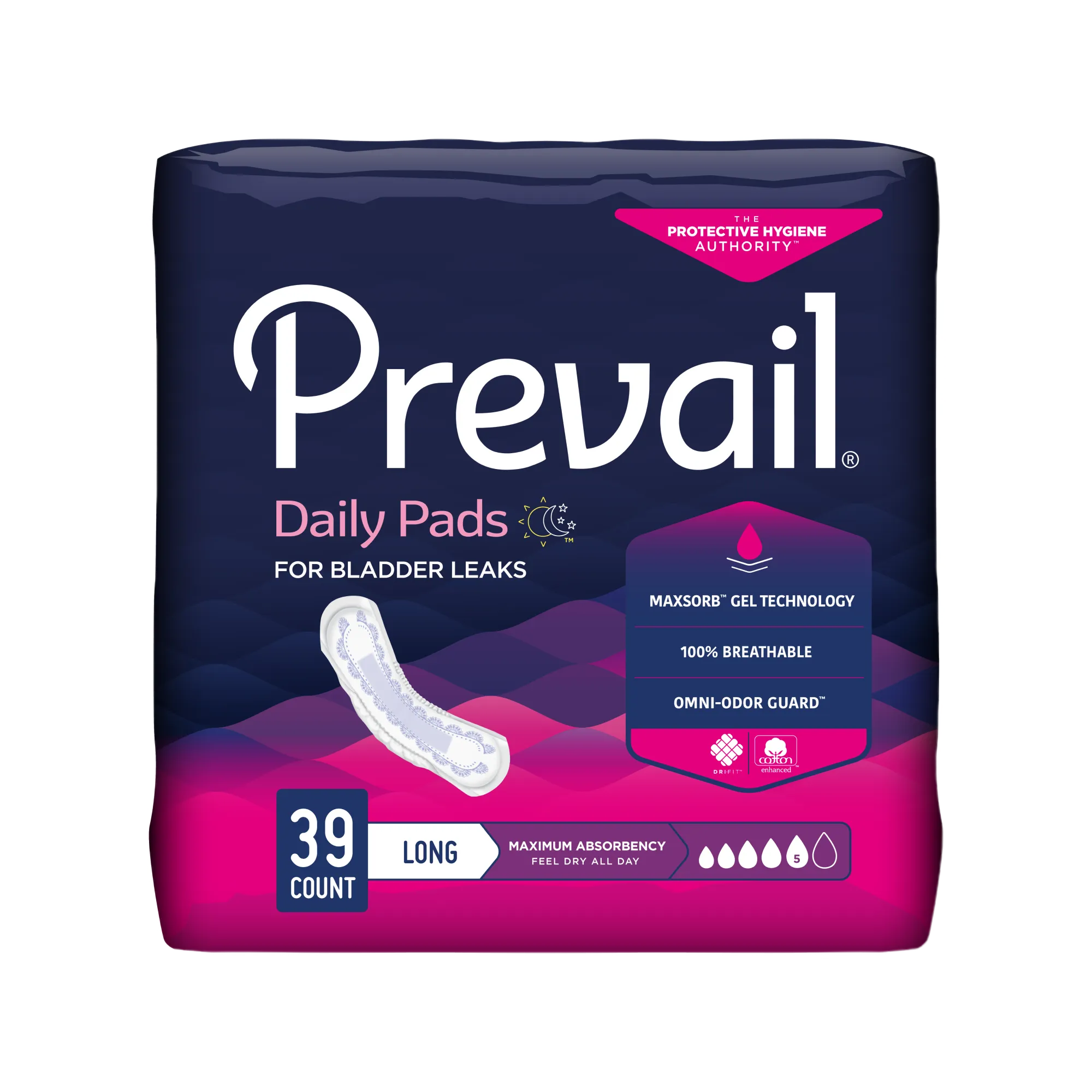 Prevail Incontinence Bladder Control Pads for Women, Maximum Absorbency, Long Length, 39 count