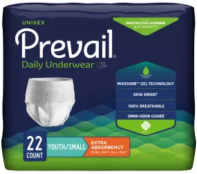 Prevail Unisex Youth Absorbent Underwear, Youth/Small, Extra Absorbency, Pull on with Tear Away Seams